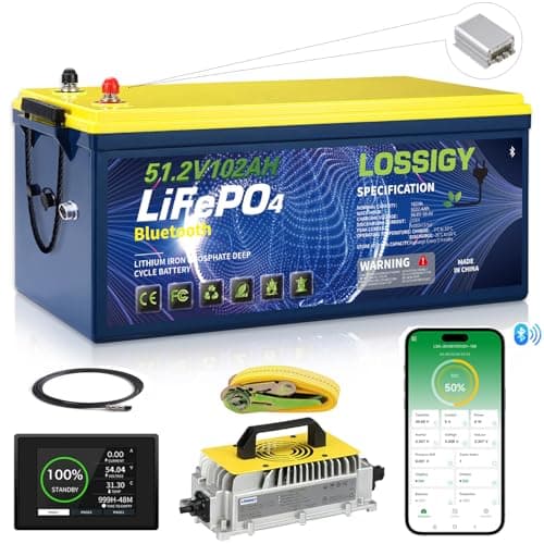 48V 102Ah Golf Cart Lithium Battery Kit with Built-in DC-DC Converter, Bluetooth & 200A BMS , All-in-One LiFePO4 Battery with 48V Charger, LCD Display ,Mounting Stand & Straps, Perfect for Golf Carts