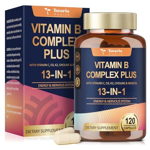 13-in-1 Vitamin B Complex Plus with Vitamin B1, B2, B3 (Niacinamide), B4, B5, B6, B7 (Biotin), B8 (Inositol), B9 (Folate), B12, C, D3, K2 - Energy, Nerve, Immune, Skin Support - 120 Vegan Capsules