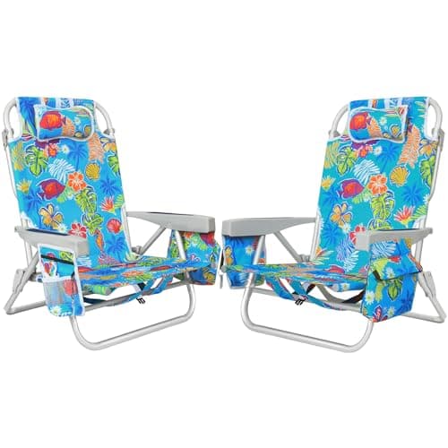 2Pk Aluminum Extra Wide 5-Position Lay Flat Folding Backpack Beach Chairs for Adults, with Cooler Bag, Cup&Phone Holder, Towel Bar for Outdoor Lawn Picnic Sport, Portable Camping Chairs,Tropical Print