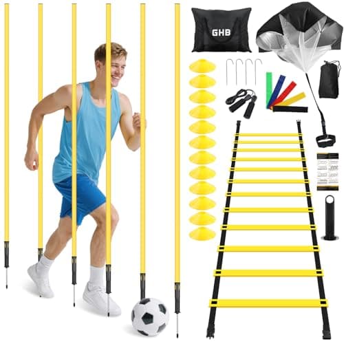GHB Speed Agility Training Equipment, 6 Agility Poles, 20ft Agility Ladder, 12 Disc Cones, Resistance Parachute, Jump Rope, 4 Resistance Bands, Soccer Training Poles for Speed Agility Training