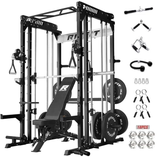 RitFit M1 Pro SmithMachine with Cable Crossover System, Multi-Function Squat Rack Power Cage for Home Gym, Power Rack and Packages Black（bp260 Package）