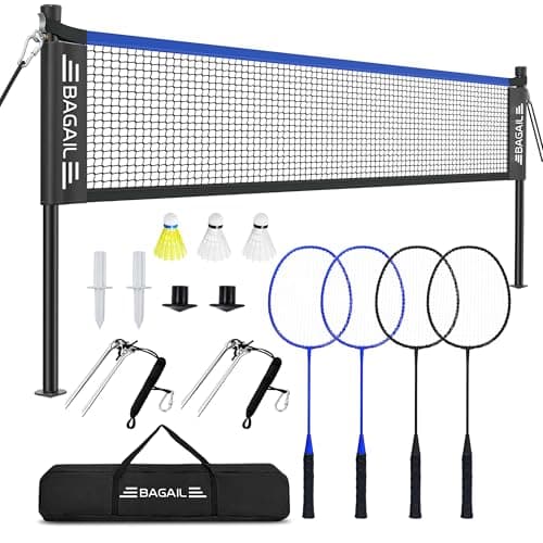 BAGAIL Outdoor Badminton Net Set with Anti-Sag Winch System - Official Size 20ft x 5ft, 4 Rackets, 3 Shuttlecocks, Durable PE Net & Carry Bag for Backyard, Beach, Family Games - Blue
