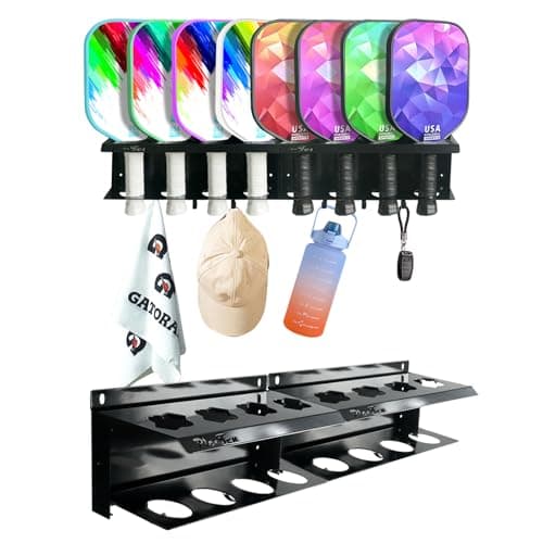 Pic-Ten 2PCS Pickleball Paddle Rack Holds 4 or 8 Paddles with Hooks Pickleball Storage Rack for Fence and Wall Pickleball Paddle Holder Outdoor No Installation Black