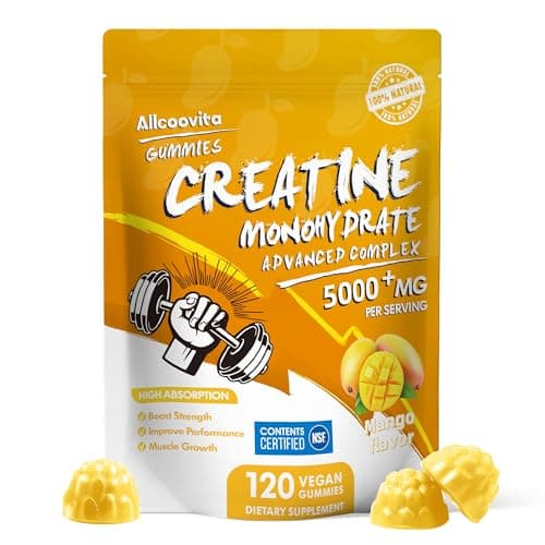 Allcoovita Creatine Monohydrate Gummies 5g for Men & Women. Boost Focus,Strength, and Endurance, Anti-Melting Formula, Vegan, Gluten-Free, Non-GMO,(Mango 120 ct)