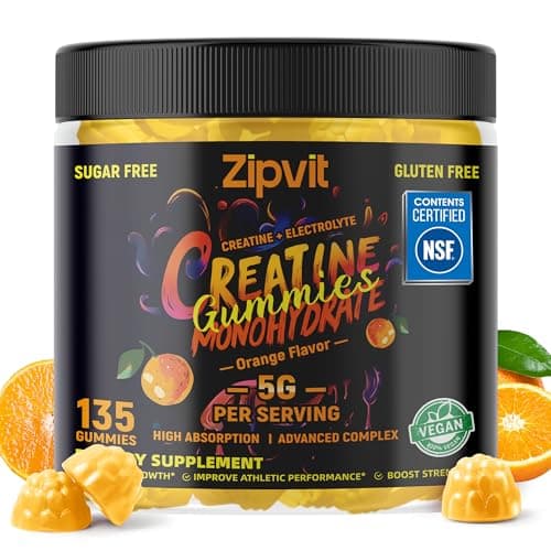 zipvit Creatine Monohydrate Gummies (5g) – Pre-Workout Energy & Muscle Growth Support for Men & Women | Orange Electrolyte Gummies (135 Count)