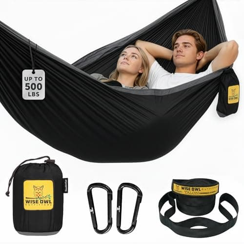 Wise Owl Outfitters Hammock for Camping Double Hammocks Gear for The Outdoors Backpacking Survival or Travel - Portable Lightweight Parachute Nylon DO Black & Grey