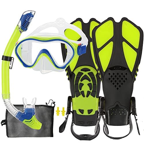 HH HHAO SPORT Kids Mask Fins Snorkel Set Snorkeling Packages, with Diving Mask, Snorkel, Adjustable Swim Fins, Mesh Bag, Anti-Fog Anti-Leak Snorkeling Gear for Kids for Snorkeling Swimming Diving