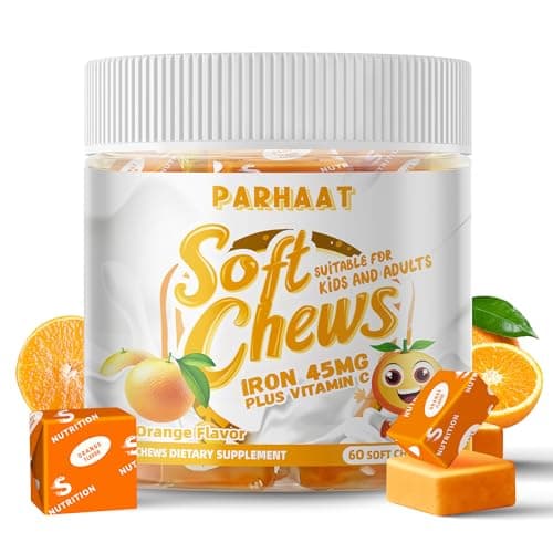 Iron Soft Chew Supplement with Vitamin C | Orange Flavored | Gluten Free | Iron Supplement for Women Men and Kids | 60 Count | 2 Month Supply