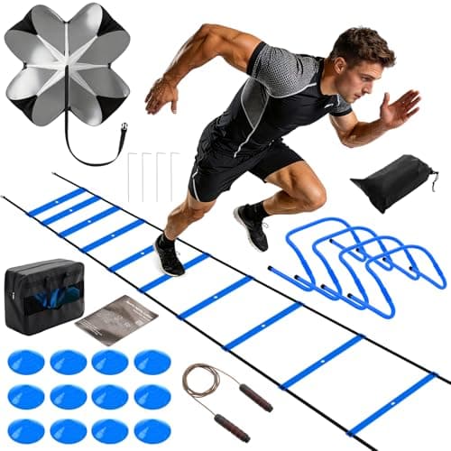 NEWBULIG Agility Ladder Speed Training Equipment, Football Practice Set with 20ft Ladder, 12 Cones, 4 Adjustable Hurdles, Jump Rope, Resistance Parachute for Soccer, Basketball, Youth, Adults