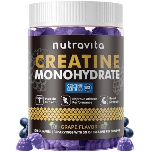Nutravita Creatine Monohydrate Gummies for Men & Women-5g of Creatine Monohydrate per Serving - Sugar Free,Vegan, Grapes Flavor, 120 Count
