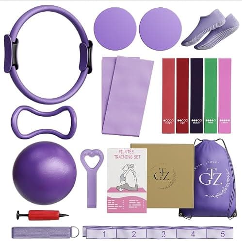 GTZ Gear At Home Pilates Kit Essentials - 18Pcs Pilates Equipment Set with Floor Sliders, Hoop Bands, Resistance Bands - Workout Equipment for Women, Yoga Kit Accessories Starter for Legs Thighs Arms