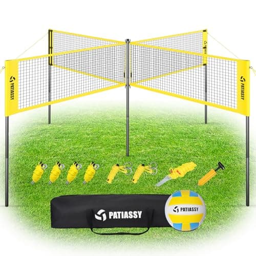4 Square Volleyball Game Set, 4 Way Net System with 16FT & 32FT Court, Adjustable Height Backyard Badminton Combo, Portable Outdoor Kit with Ball, Pump, Boundary Line, Carry Bag