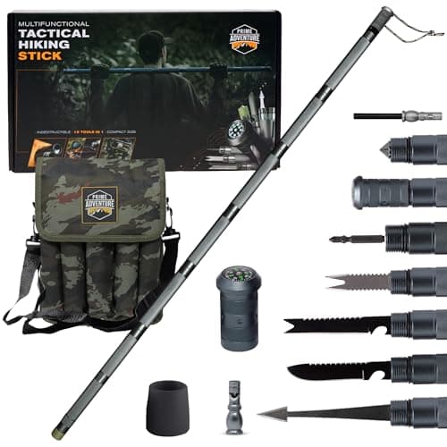 Prime Adventure 15-in-1 Tactical Survival Walking Stick & Hiking Staff – Heavy-Duty Collapsible Multitool for Camping, Hiking & Outdoor Survival Gear (8 Tubes, Premium Build)