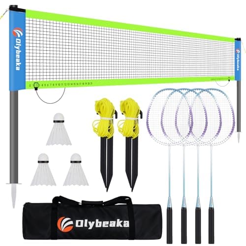 20ft Portable Outdoor Badminton Net Set for Driveway Backyard, Beach, Park with Durable Anti-Sag PE Net, Heavy Duty Steel Poles, 4 Badminton Rackets, 3 Shuttlecocks and 600D Carry Bag