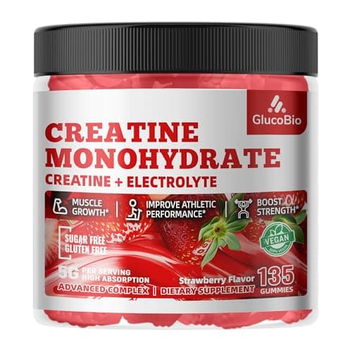 GlucoBio Creatine Monohydrate Gummies (5g) – Pre-Workout Energy & Muscle Growth Support for Men & Women | Strawberry Electrolyte Gummies (135 Count)