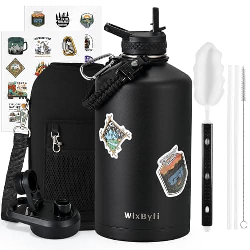 WixByti One Gallon Water Bottle Insulated, Triple Wall Vacuum Cold for 48 Hrs & Leak-proof & Non-BPA, 128oz Large Sports Stainless Steel Water Jug with Paracord Handle Straw Spout Lids & DIY Stickers