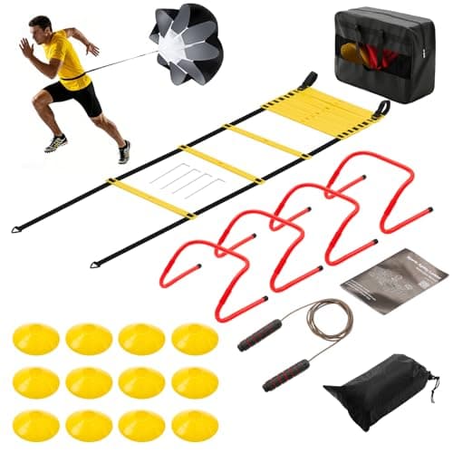 OLIXIS Agility Speed Training Equipment, 20 ft Speed Ladder, 12 Soccer Cones, 4 Agility Hurdles, Jump Rope, Resistance Parachute with Carry Bag, Training Equipment Set for Kids, Youth, Adults,Yellow