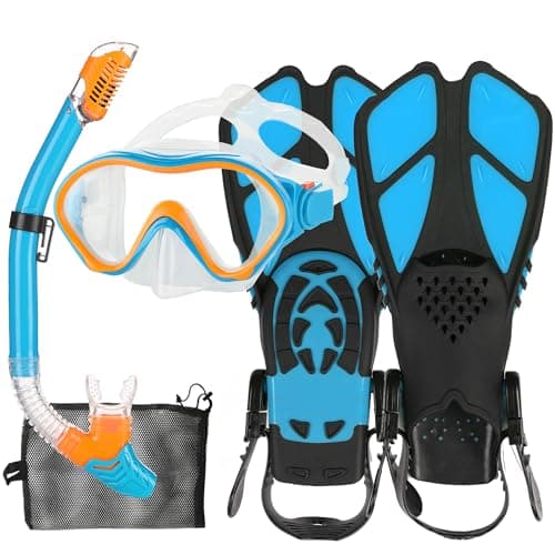 HH HHAO SPORT Kids Mask Fins Snorkel Set Snorkeling Packages, with Diving Mask, Snorkel, Adjustable Swim Fins, Mesh Bag, Anti-Fog Anti-Leak Snorkeling Gear for Kids for Snorkeling Swimming Diving