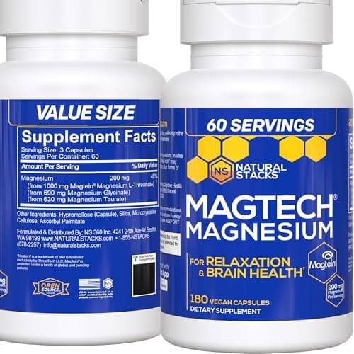 MagTech Magnesium Supplement - 3 Forms of Magnesium: Magtein L-Threonate, Glycinate & Taurate - 200mg Chelated Magnesium Complex - Supports Relaxation & Brain Health - 180 Capsules