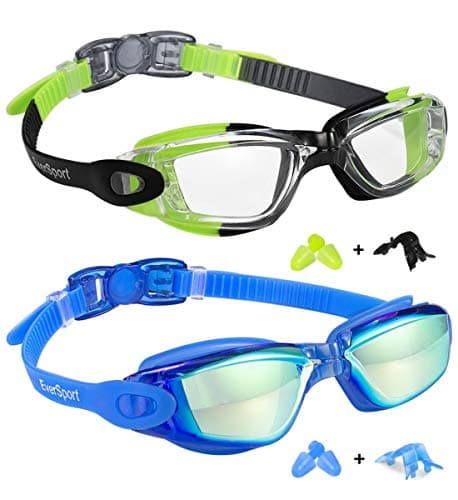 EverSport Kids Swim Goggles, Pack of 2 Swimming Goggles for Children Teens, Portable Anti-Fog Anti-UV Youth Swim Glasses Leak Proof for Age4-16, Green/Black & Mirrored Blue