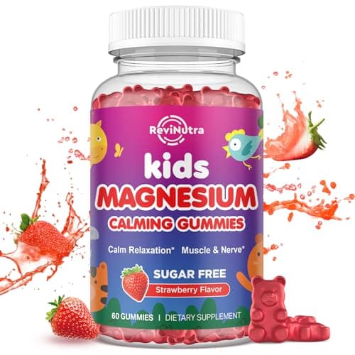 ReviNutra Magnesium Gummies for Kids - Magnesium Glycinate Gummies with L-Theanine, Chamomile, Vitamin B6, D for Kids & Adults Sleep, Stress, Muscle Relief & Nerve Bone - Sugar Free Strawberry 60ct