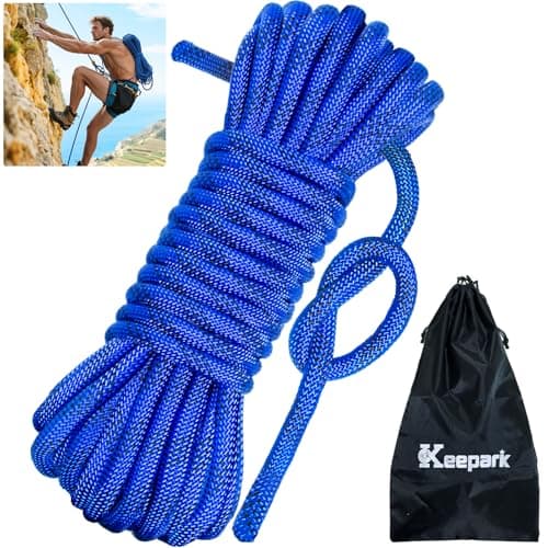 Keepark 10.5mm Static Climbing Rope - 32FT Rock Climbing Rope for Adults & Kids, Outdoor Heavy Duty Rappelling Ropes for Fire Rescue, Escape, Ice Climbing, Parachute, Caving - Blue