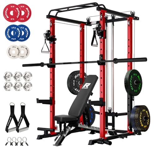 RitFit Squat Rack Power Cage Home Gym Package, Includes 1000LBS Power Rack with Cable Crossover System, Weight Bench, Weight Plate Set with Olympic Barbell (Package 1.7K (Bumper Plate 230LBS))-Orange