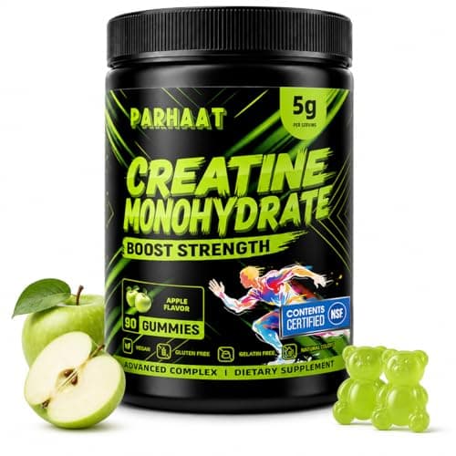 Parhaat NSF Certified Creatine Gummy - Creatine Monohydrate Gummies 5g for Men & Women - Boost Focus,Strength, and Endurance, Vegan, Gluten-Free, Non-GMO, 2.5 Gram Creatine per Gummy (Apple 90 ct)
