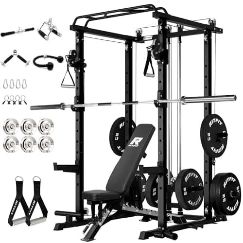 RitFit Multi-Function Garage & Home Gym Package Includes 1200LBS Power Cage PPC-P3 with Cable Crossover System, Weight Bench, Olympic Barbell Weight Set, Full Body Workout-BLK,Bumper Plate 340lbs