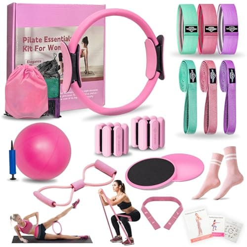 DICYWUDI Pilates Essentials Kit for Home Women, Pilates Equipment for Workouts, 6 Fabric Resistance Bands, 12 Inch Magic Circle Yoga Ring, Mini Exercise Ball, Great Exercise Accessories