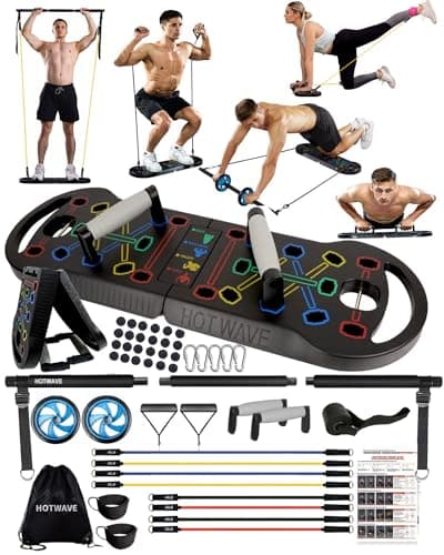 HOTWAVE Portable Exercise Equipment with 18 Gym Accessories.20 in 1 Push Up Board Fitness,Resistance Bands with Ab Roller Wheel,Full Body Workout at Home