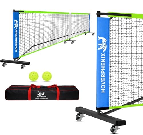 Hoverphenix Portable Pickleball Net with Wheels, 22FT Regulation Size Pickle Ball Net with Pickleballs, Carry Bag for Home, Driveway, Backyard, Indoor or Outdoor