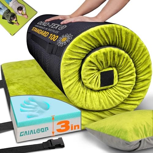 Gaialoop 3 Inch Memory Foam Camping Mattress, Dual Layer Thick Sleeping Camp Pad for Car Tent Cot, Roll-Up Portable Glamping Floor Bed for Guests Sleepover[Full: 75 * 54 * 3"]