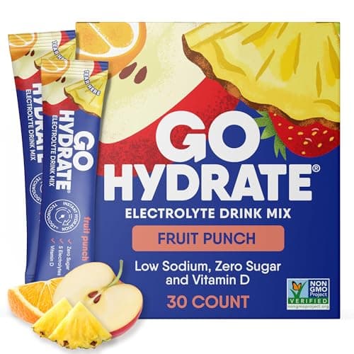GoHydrate Instant Hydration Powder Packets - Low Sodium Electrolytes Drink Mix - Natural Hydration Support, Sugar Free Electrolyte Flavored Powder Drink with Vitamin D, 30 Packs, Fruit Punch