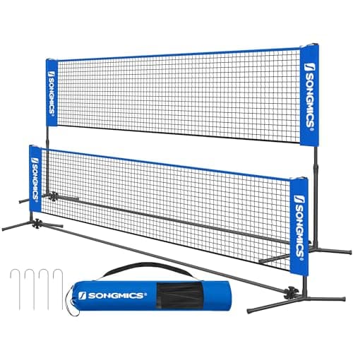 SONGMICS 13 ft Badminton Net, Height Adjustable Volleyball Net, Pickleball Net with Poles, Foldable Nylon Net for Tennis Indoor Outdoor Court, Blue Black USYQ400