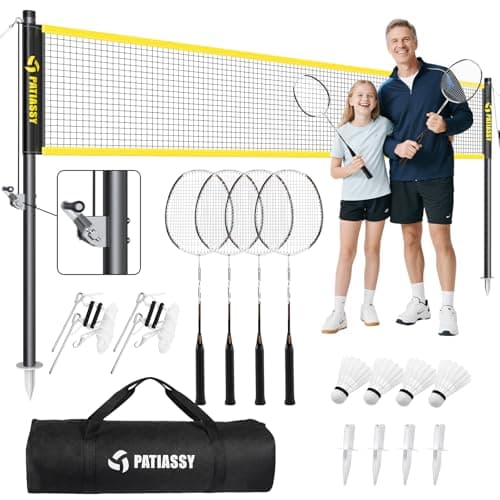 Patiassy Professional Badminton Set with Carbon Fiber Badminton Rackets Set of 4, Outdoor Portable Badminton Net with Anti-Sag Winch System, 4 Nylon Badminton Shuttlecocks and Bag
