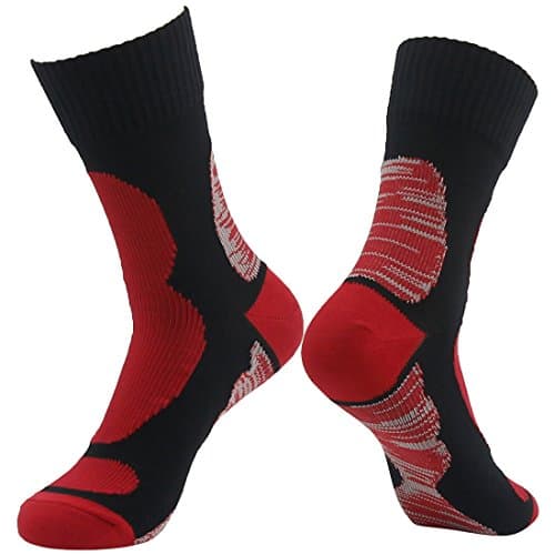 RANDY SUN Waterproof Crew Socks, Unisex Muddy Snowy Dry Feet Warm Breathable Performance Cushion Outdoor Hiking Running Trail Golf Skiing Camping Socks Year Round, Black&Red M
