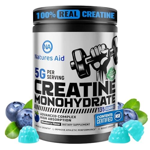 Natures Aid NSF Certified Creatine Gummy 5g - Creatine Monohydrate Gummies – Pre-Workout Energy & Muscle Growth Support for Men & Women | Blueberry Electrolyte Gummies (135 Count)