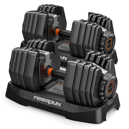 FEIERDUN DB1 QuickDial Adjustable Dumbbell Set, 15-in-1 5-52.5 Lbs Each with Storage Box & App, 1-Second Quick Change for Drop Set, Superset & HIIT Home Gym, Non-Slip Handles, 3-year Aftersale Service