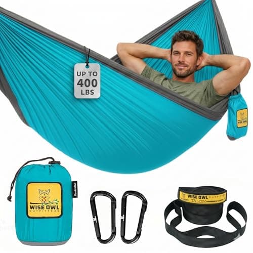 Wise Owl Outfitters Hammock for Camping Single Hammocks Gear for The Outdoors Backpacking Survival or Travel - Portable Lightweight Parachute Nylon SO Lt Blue & Grey