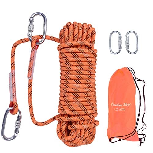 LZ.MZXU Climbing Rope, 12mm Static Climbing Ropes, 32FT(10M) 65FT(20M) 100FT(30M) 164FT(50M) Outdoor Rock Climbing Rope with Hook, Safety Rappelling Ropes, Fire Rescue Parachute(Orange, 65FT)