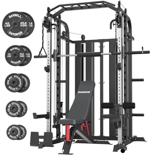DONOW Smith Machine with Weight Stacks, Multi Function Home Gym System Training Power Cage Squat Rack Dual Cable Crossover Machine All in One