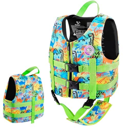 Pottwal Swim Vest for Kids - Swim Jacket for 1-3 Years (17.5-39.5LBS) - Made of Neoprene & EPE - with Adjustable Crotch Strap - Green Dinosaurs