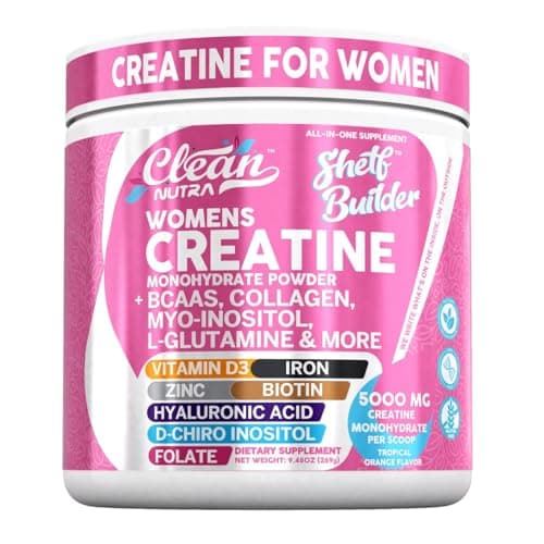 Creatine for Women | Creatine Monohydrate + BCAA Powder Myo-Inositol Collagen Biotin Hyaluronic Acid Folate L Glutamine Vitamin D3 Iron Zinc D-Chiro-Maca Digestion Shelf Builder By Clean Nutra