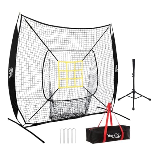 YeahChi 7x7 Ft Baseball and Softball Training Net with Batting Tee, Strike Zone Target, Portable Hitting and Pitching Practice Set (Black)