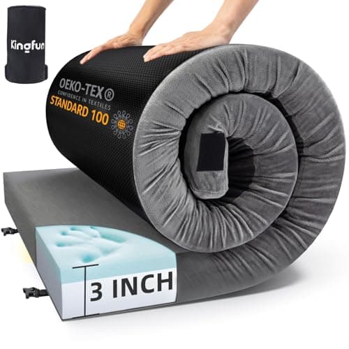 Kingfun 3 Inch CertiPUR-US Memory Foam Camping Mattress Pad, Waterproof Roll up Sleeping Pad, Thick Floor Sleeping Mats for Tent with Removable Travel Bag(Grey, Full)
