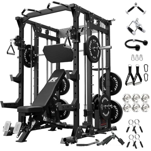RitFit Buffalo Smith Machine Package, All-in-One Power Cage with Weight Stack , Power Rack with Cable Crossover & Leg Press Attachment for Home Gym(Black,BP260)