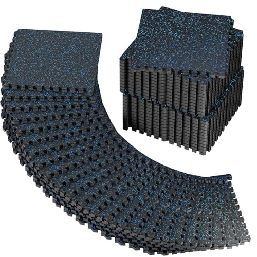 PRAISUN 0.56" Rubber Top Gym Flooring, Heavy Duty Interlocking Gym Mats for Home Gym, Non-Slip Workout Mat, 24 x 24in Large Gym Floor Mat, Protect Floors from Equipment, 192 Sq Ft, Black/Blue