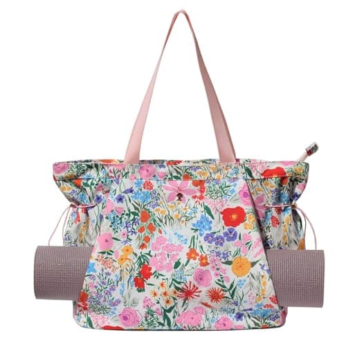 ESVAN Yoga Tote Bag for Women Drawstring Canvas Shoulder Bags for Workout Travel Carryall Pilates Gym and Beach (Pink flower)