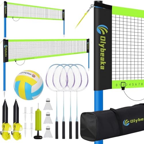 Portable Volleyball & Badminton Combo Net Set for Backyard Beach with 2 Nets (20ft and 32ft), Adjustable Poles, PU Volleyball, Aluminum Rackets and Carry Bag, Quick Setup & Durable (Black)